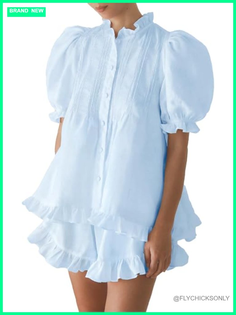 Cotton Ruffle 2 Piece Pajama Set With Puff Sleeve Button Down Shirt And Shorts